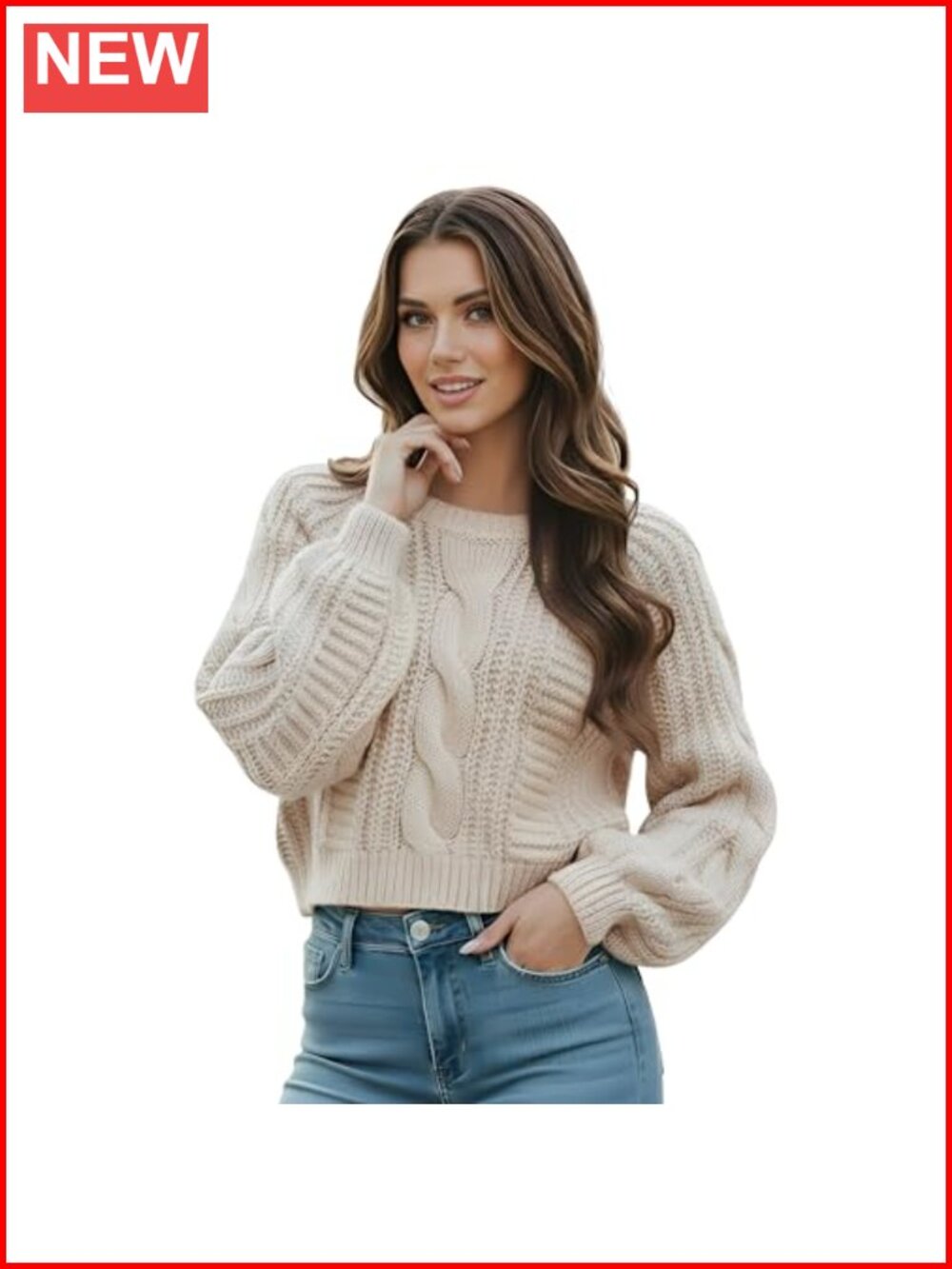 Cropped Cable Knit Sweater Long Sleeve Acrylic Pullover